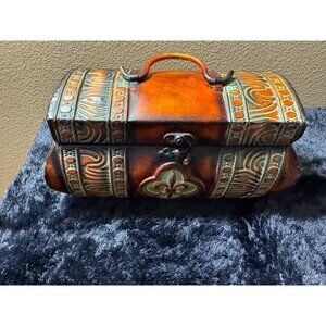 Home Decore Decorative Trunk Box With Fleur-De-Lis Design & Metal Accents
